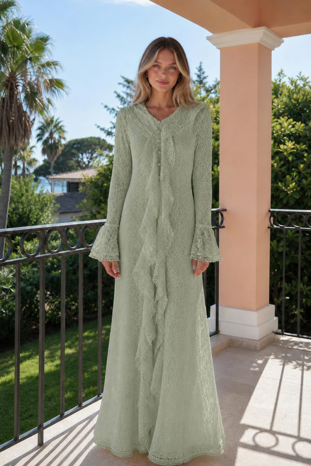 Front view of woman wearing sage green long sleeve lace ruffle maxi dress