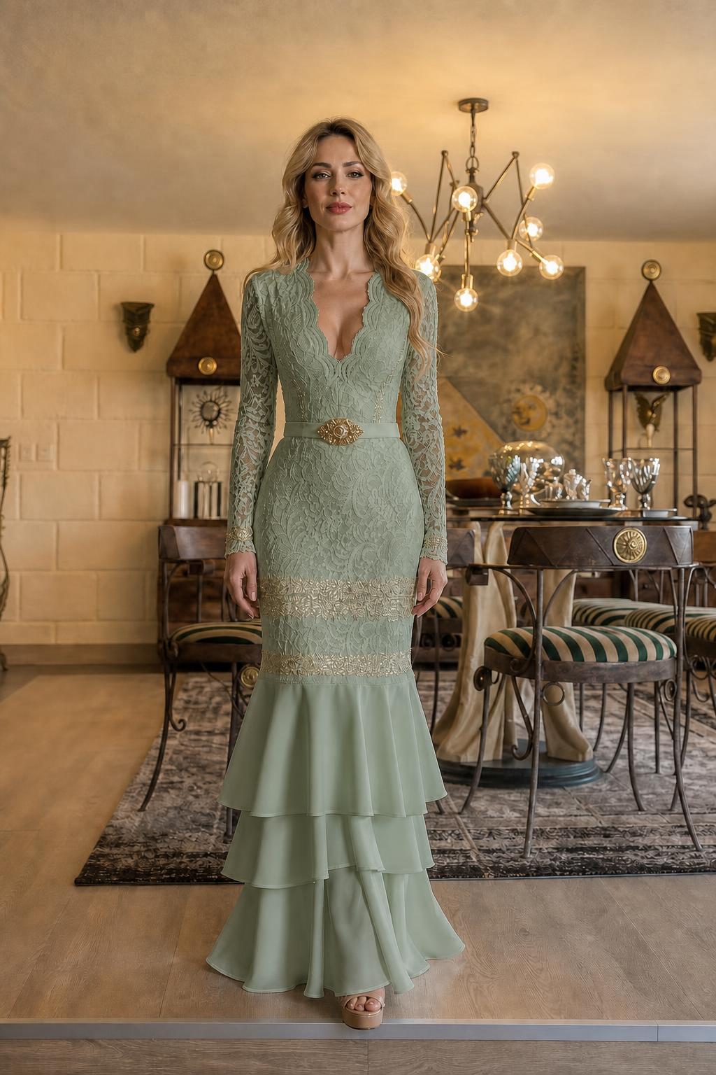 Front full view of sage green lace long-sleeve mermaid maxi dress