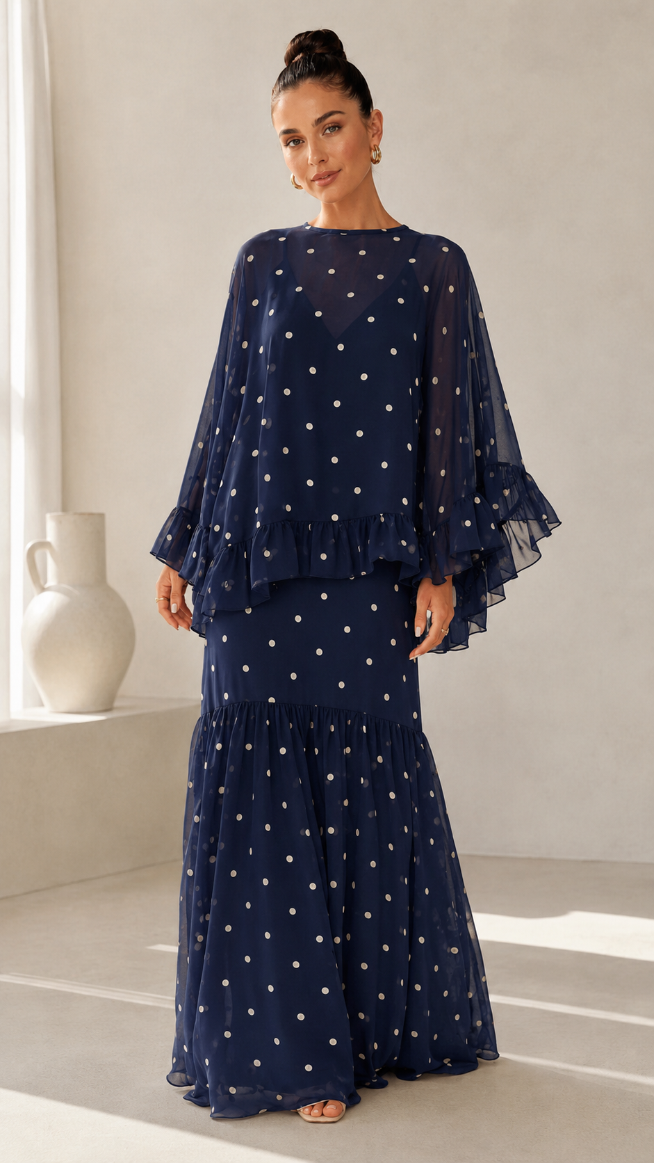 Navy polka dot chiffon maxi dress with airy cape sleeves
