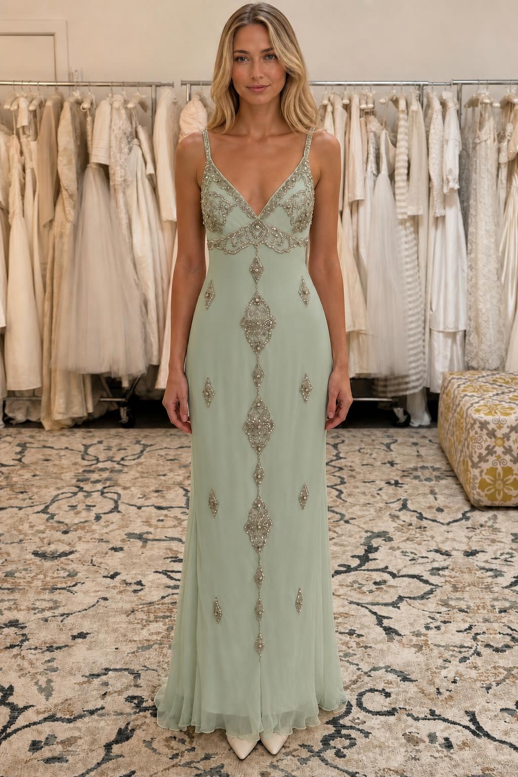 Front view of sage green embellished evening gown