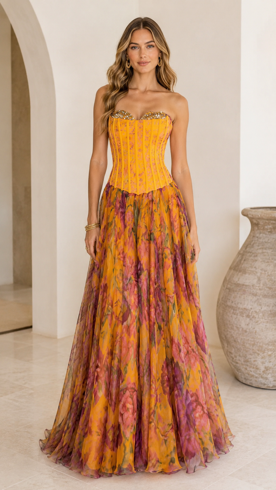 Marigold strapless corset floral maxi gown full front view