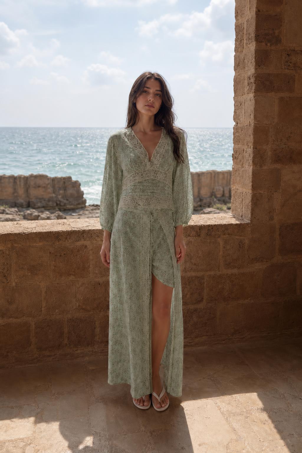 Front view of sage green floral maxi dress variant