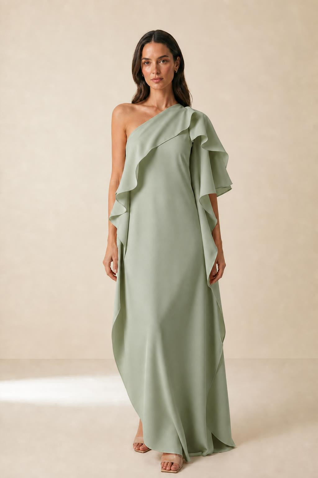 Front view of model wearing sage one-shoulder ruffle maxi dress