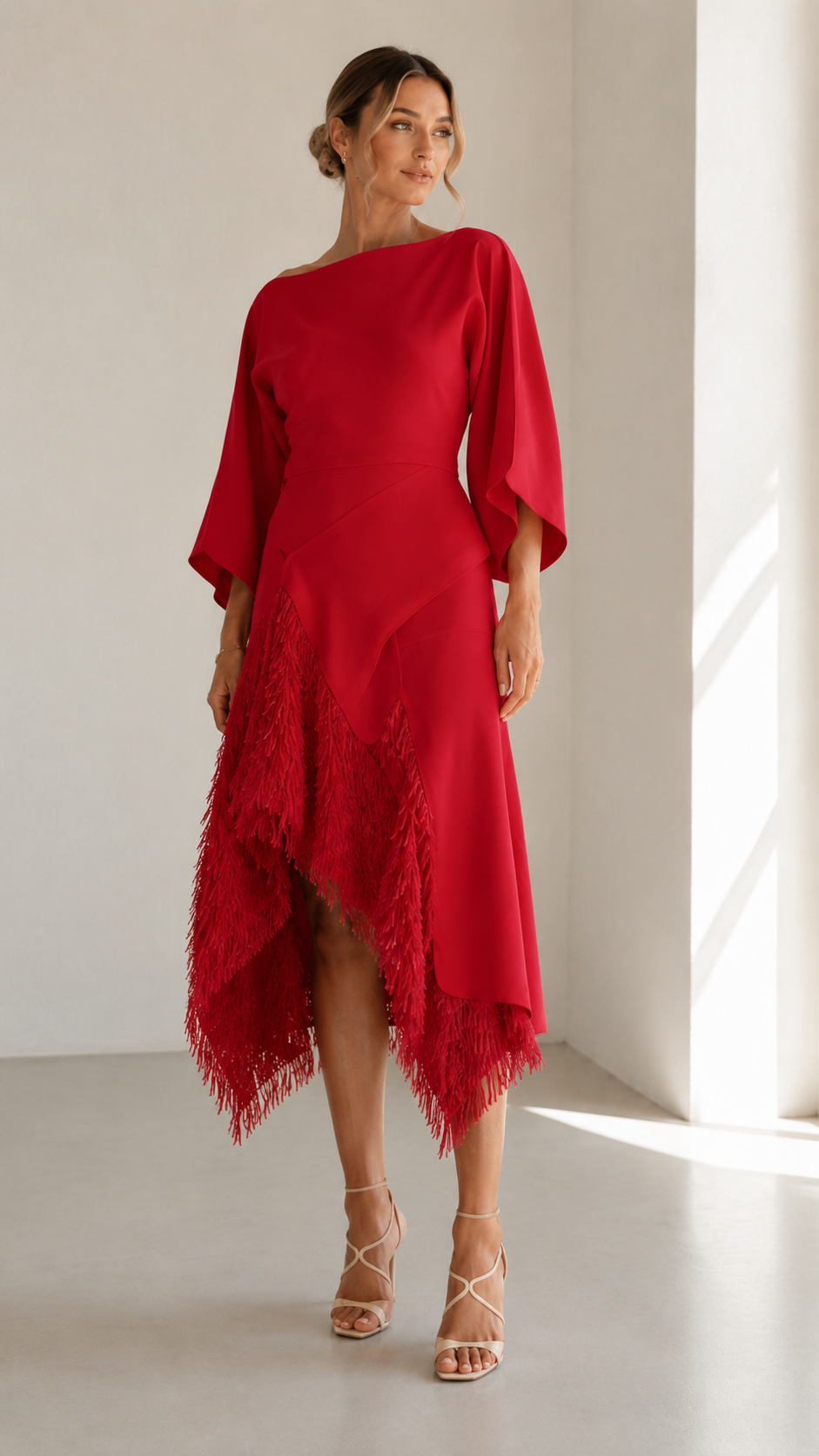 Red asymmetric fringe hem dress with elegant draped sleeve