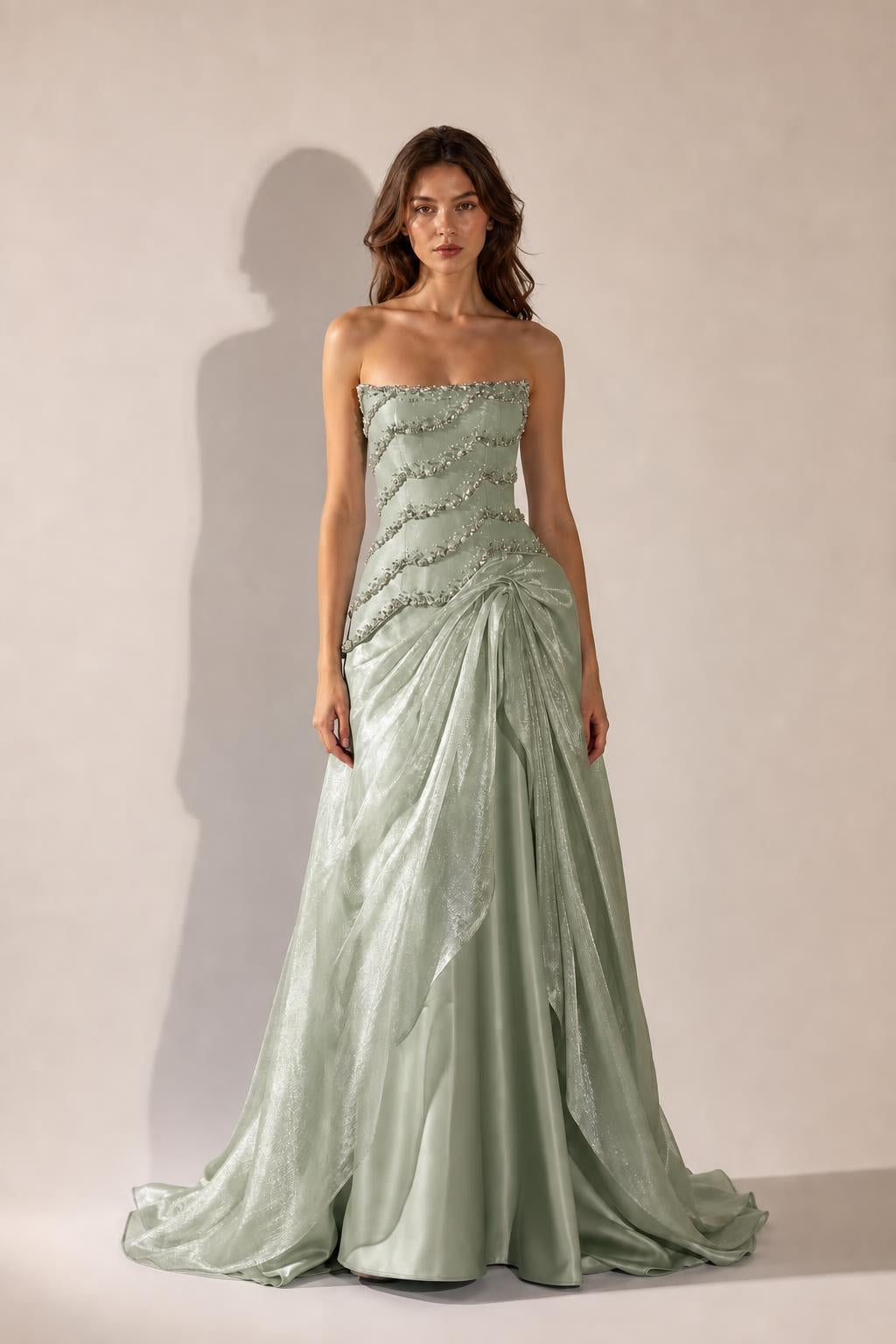 Front view of Sage Green strapless beaded evening gown