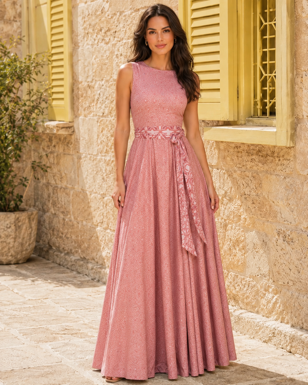 Front view of blush pink sleeveless maxi dress with defined waist and flowing hem