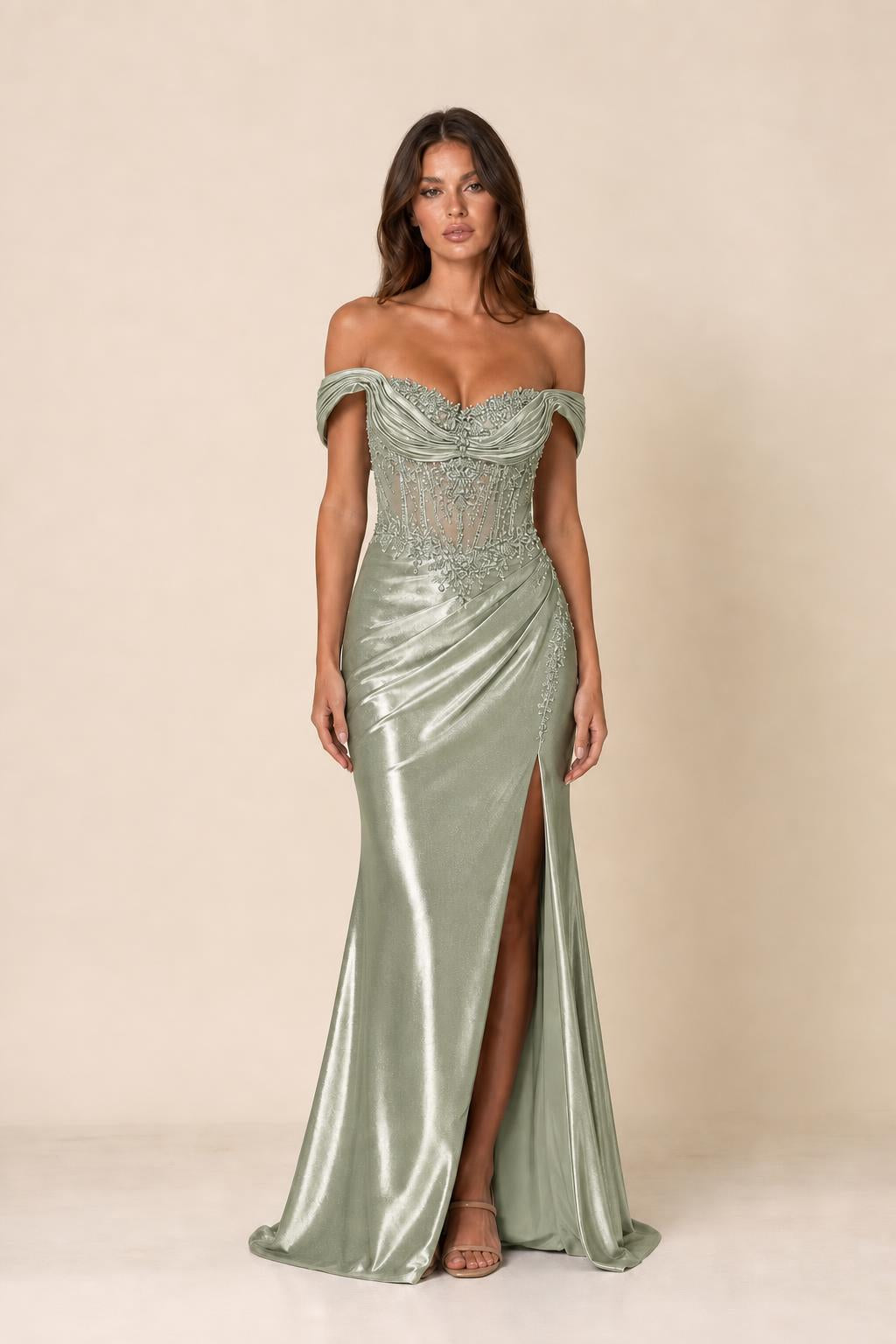 Front view of sage color variant of off-shoulder evening gown