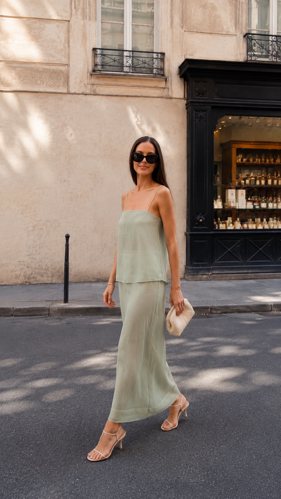 Front angled view of sage green sheer layered cami maxi dress set