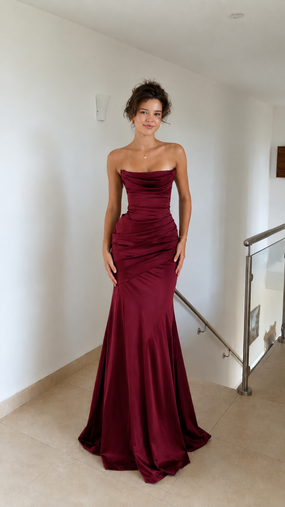 Front view of burgundy strapless ruched mermaid maxi dress