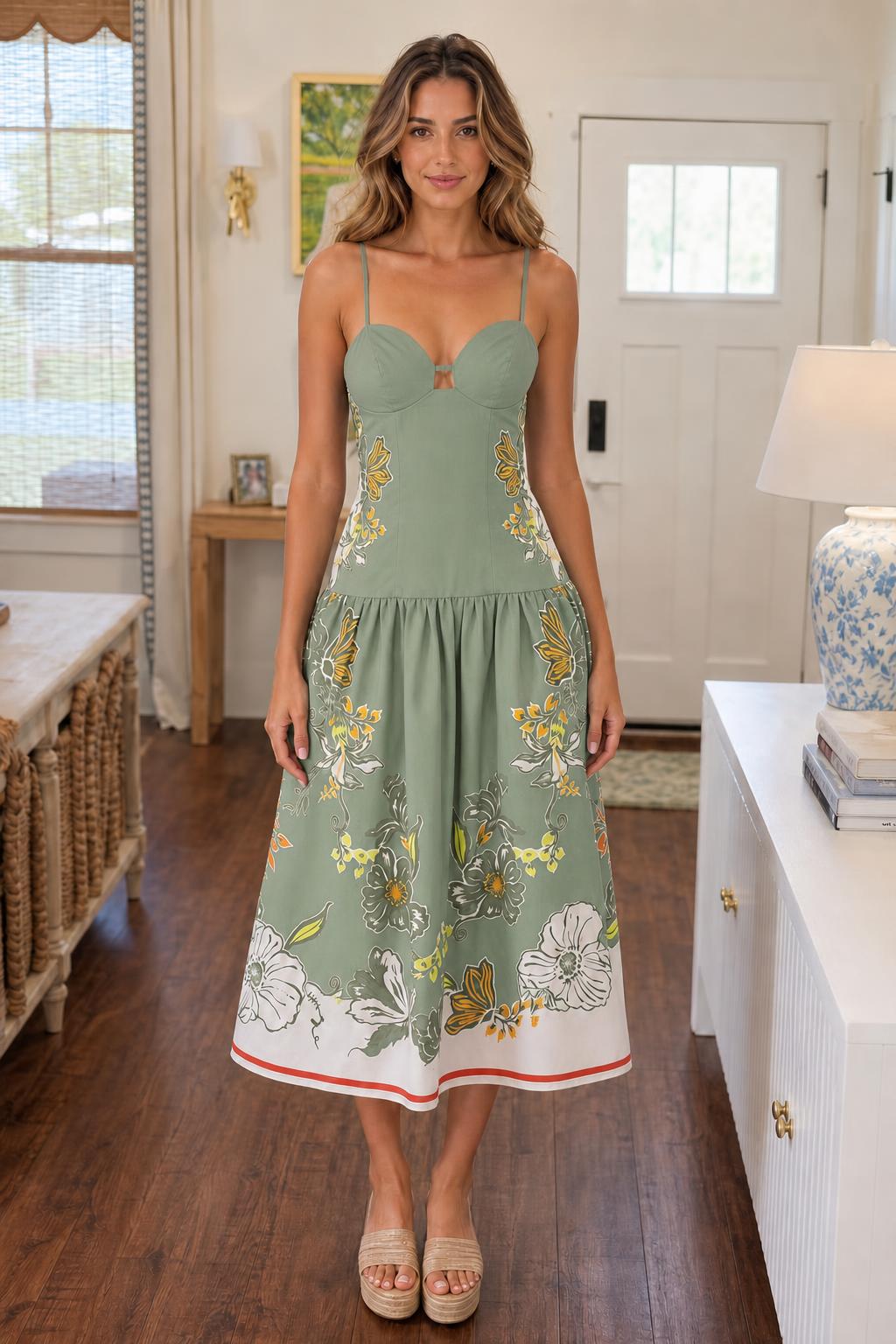 Floral Print Bustier Midi Dress in Sage