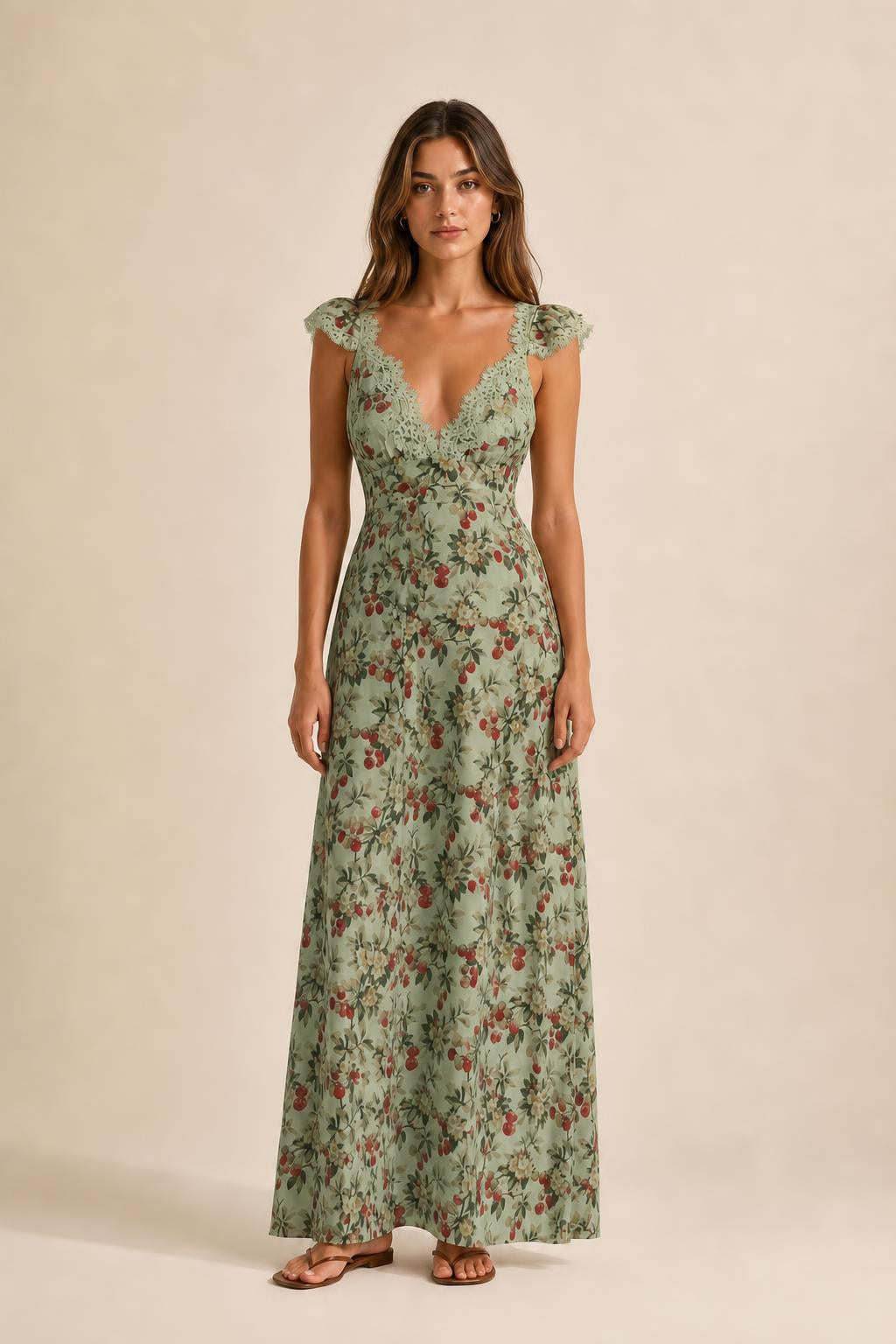 Front view of green floral print maxi dress