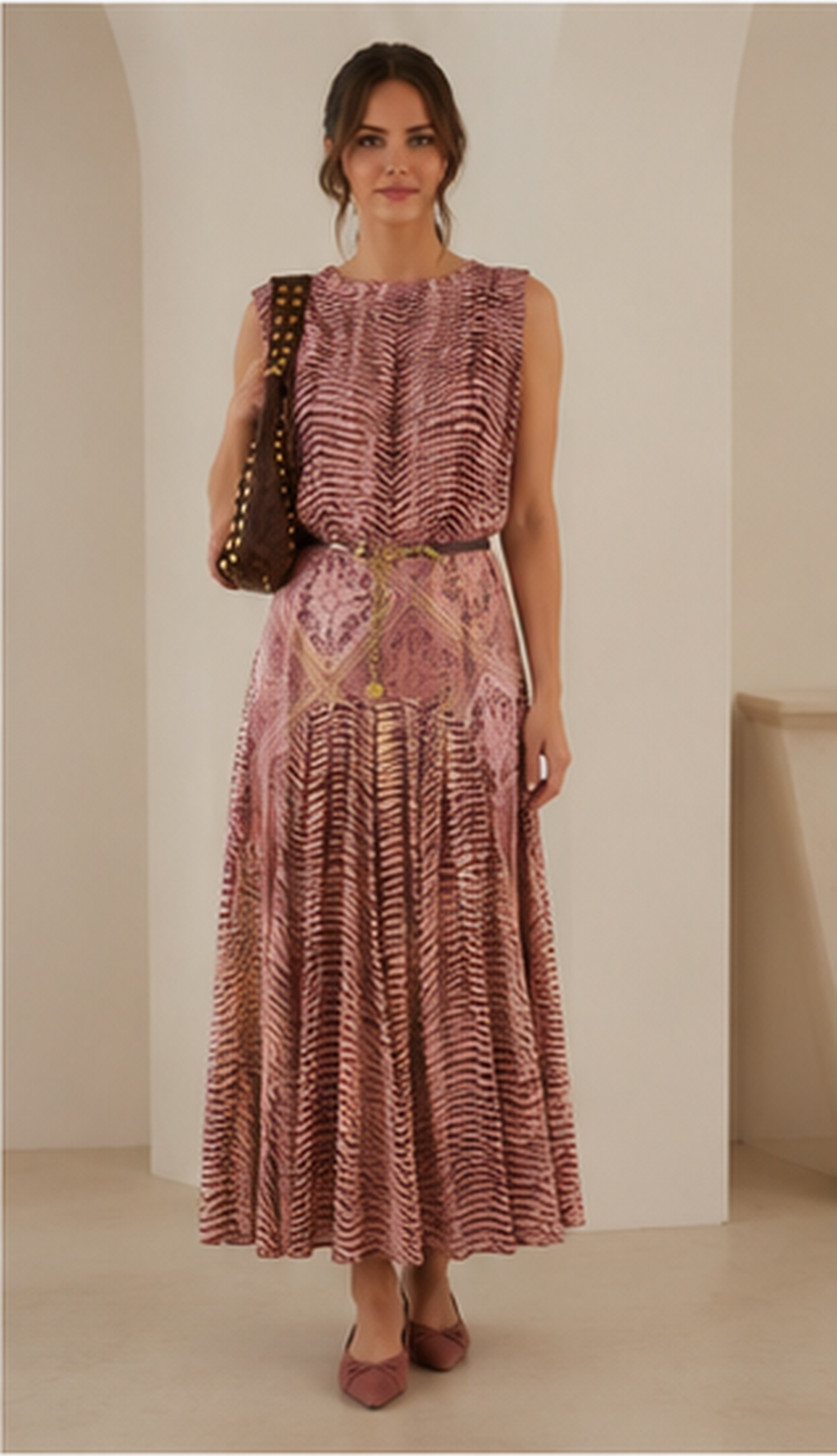 Women's printed sleeveless belted midi dress in Dusty Pink