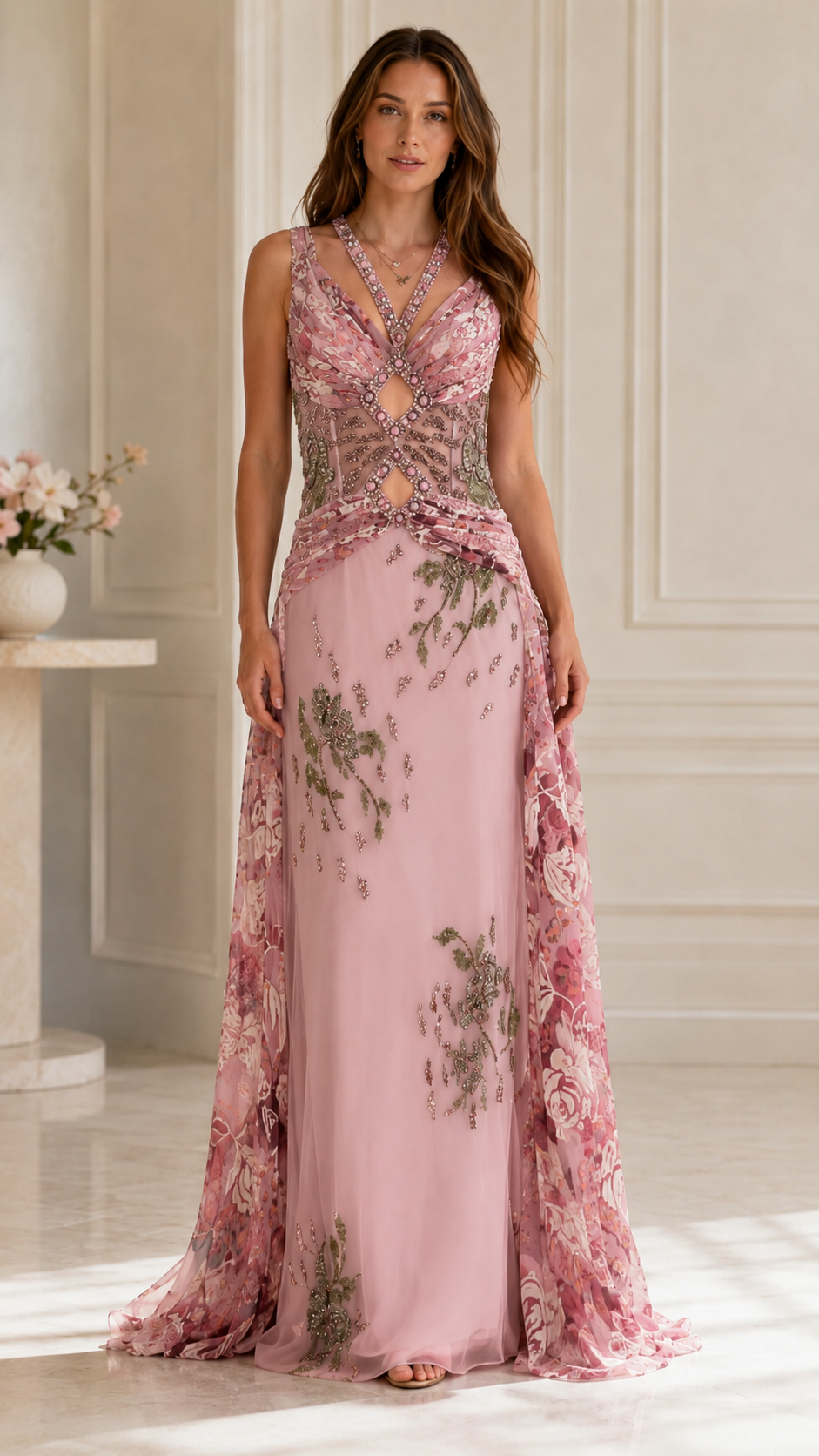 Front view of blush pink embellished evening dress with sleeveless neckline and long skirt