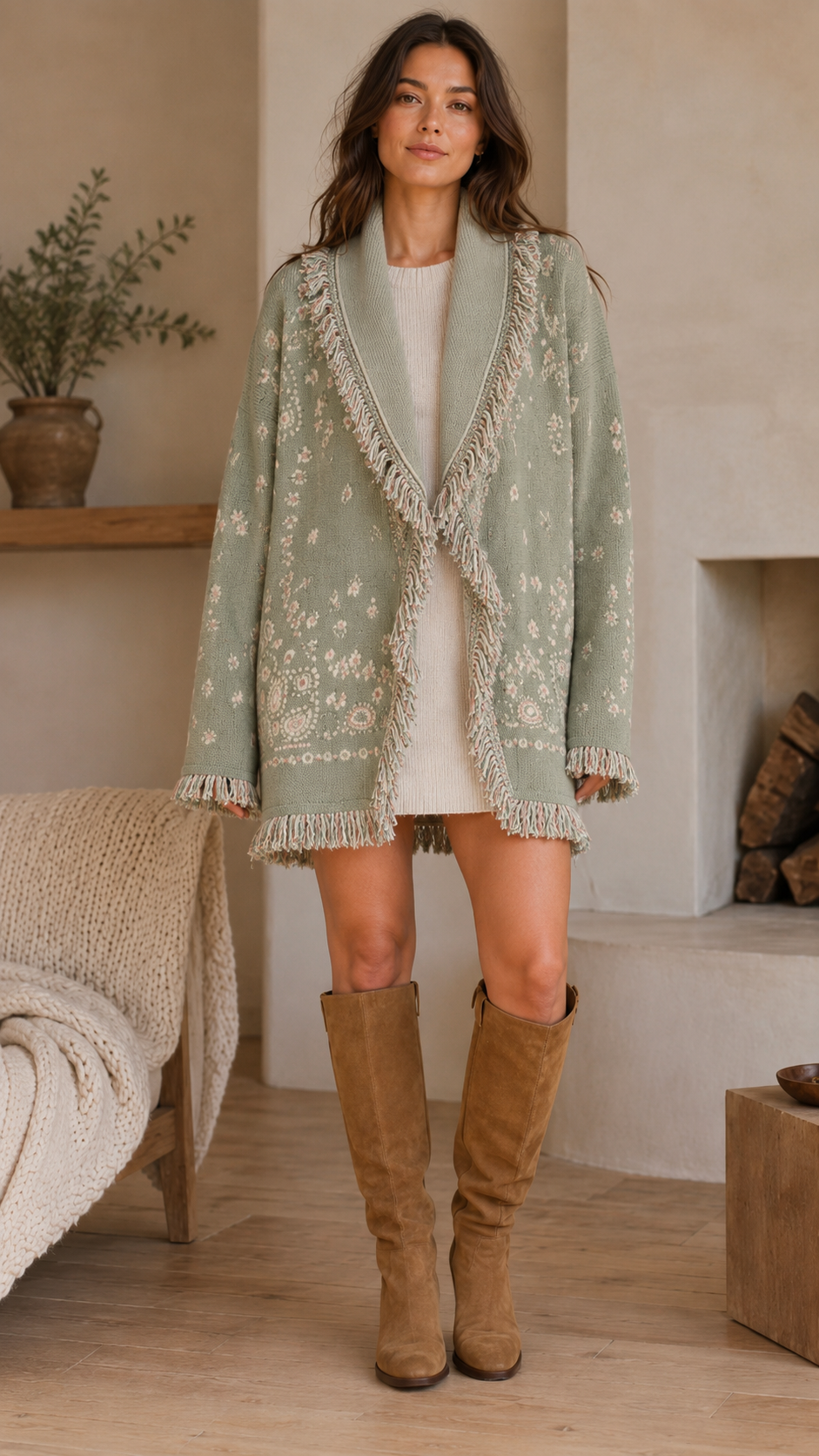 Front view of sage green floral knit cardigan jacket with fringe trim