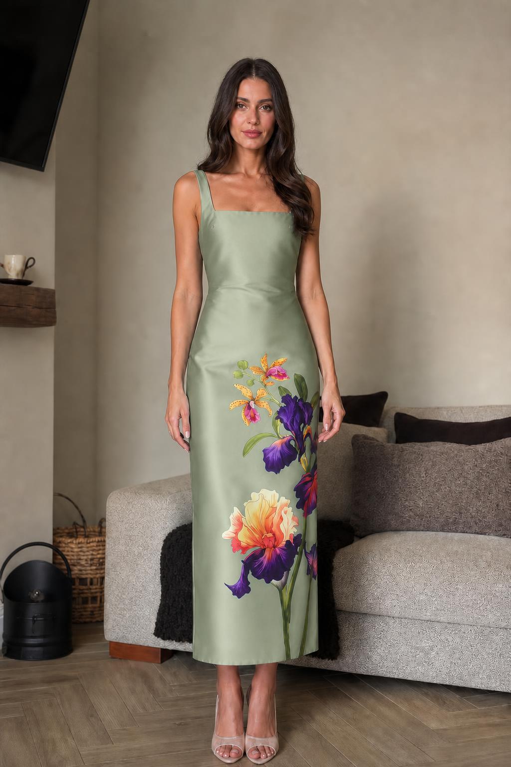 Front view of sage green floral midi dress on model
