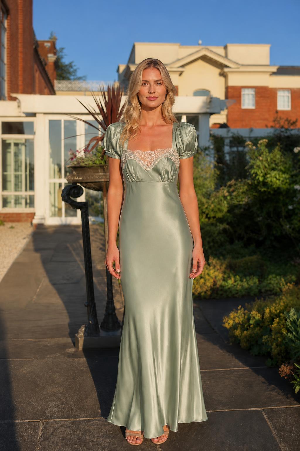 Front view of sage green satin lace trim maxi dress on model