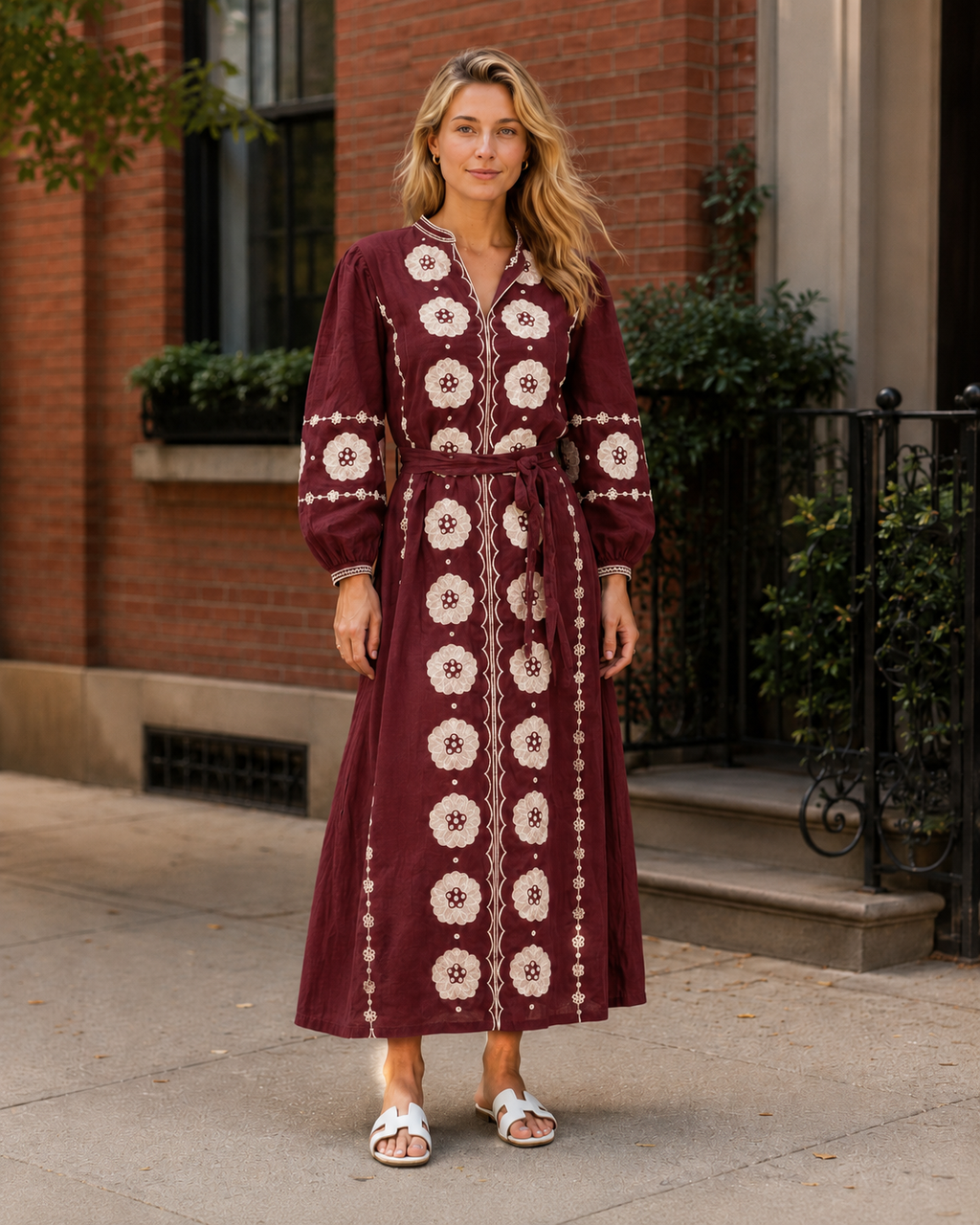 Burgundy embroidered tie-waist midi dress front view