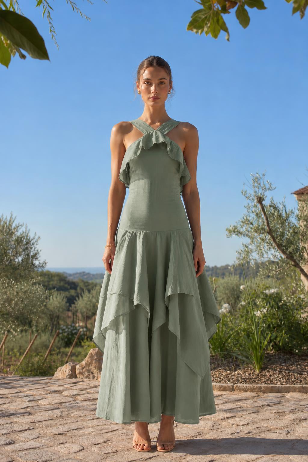 Front view of woman wearing sage green halter neck ruffled maxi dress