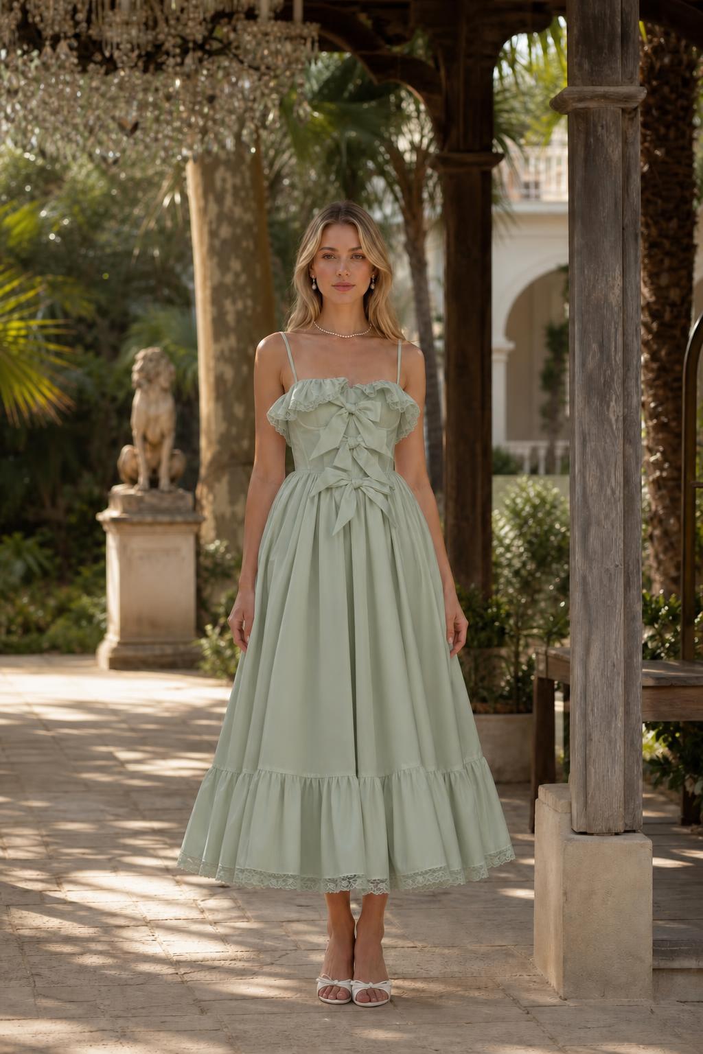 Front view of woman wearing sage green bow accent midi dress