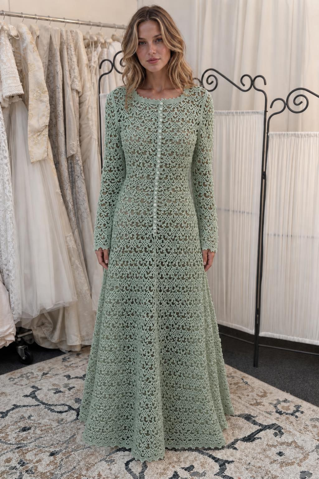 Woman wearing sage green long-sleeve crochet lace maxi dress