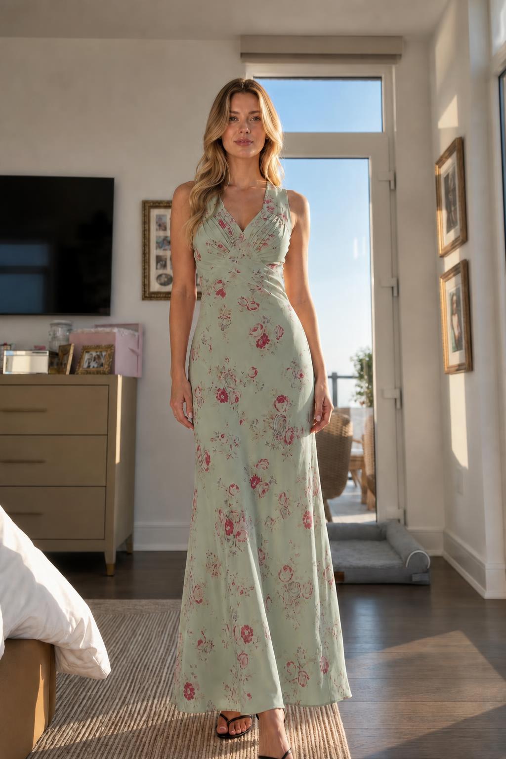 Front view of model wearing sage green floral V-neck maxi dress