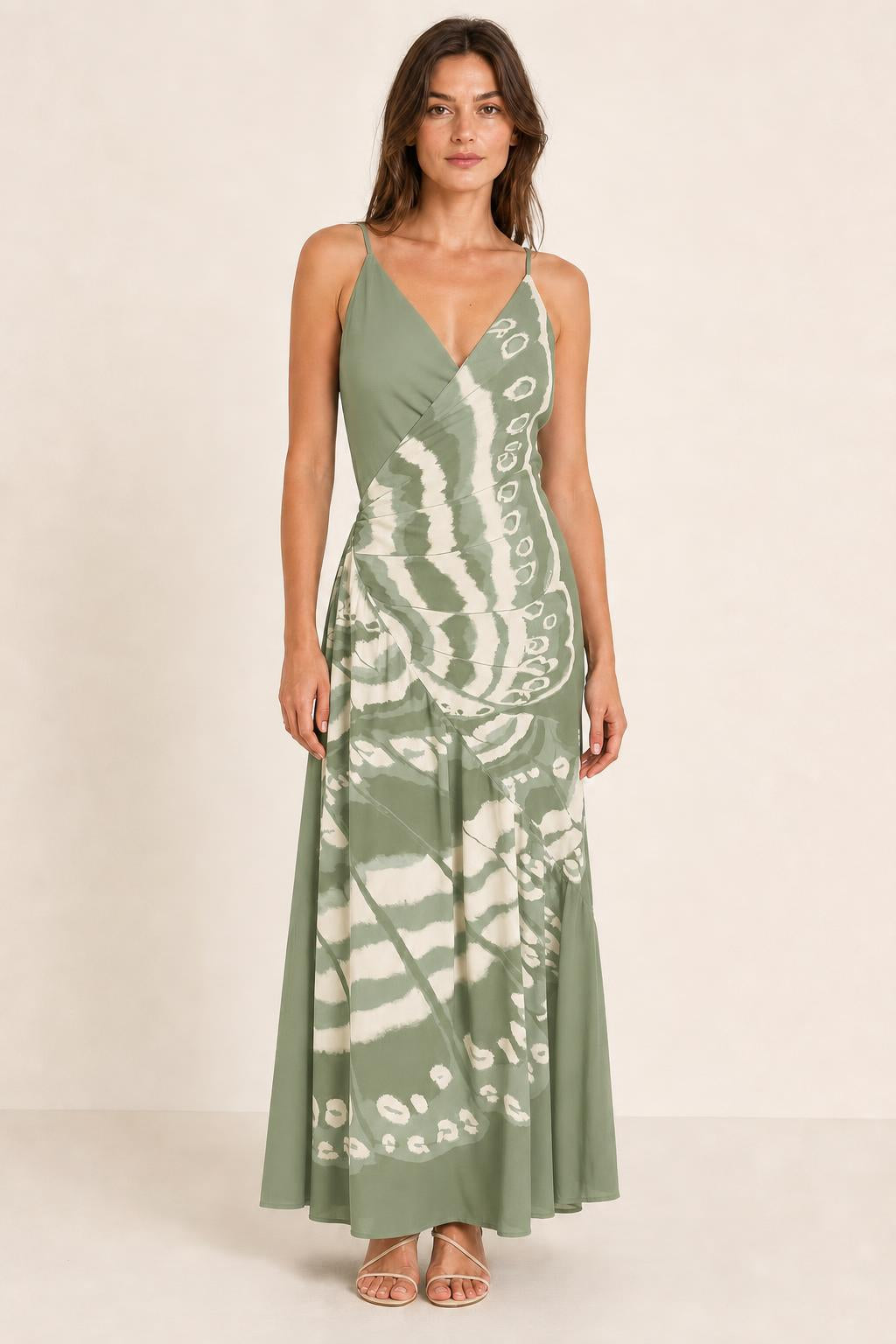 Womens sage V-neck butterfly print maxi dress