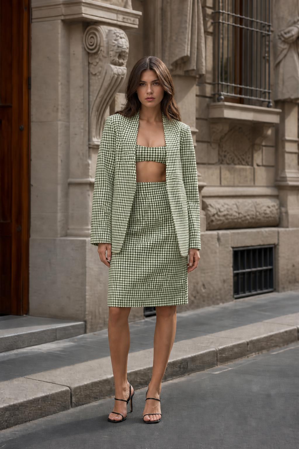 Model wearing green houndstooth 3-piece matching set