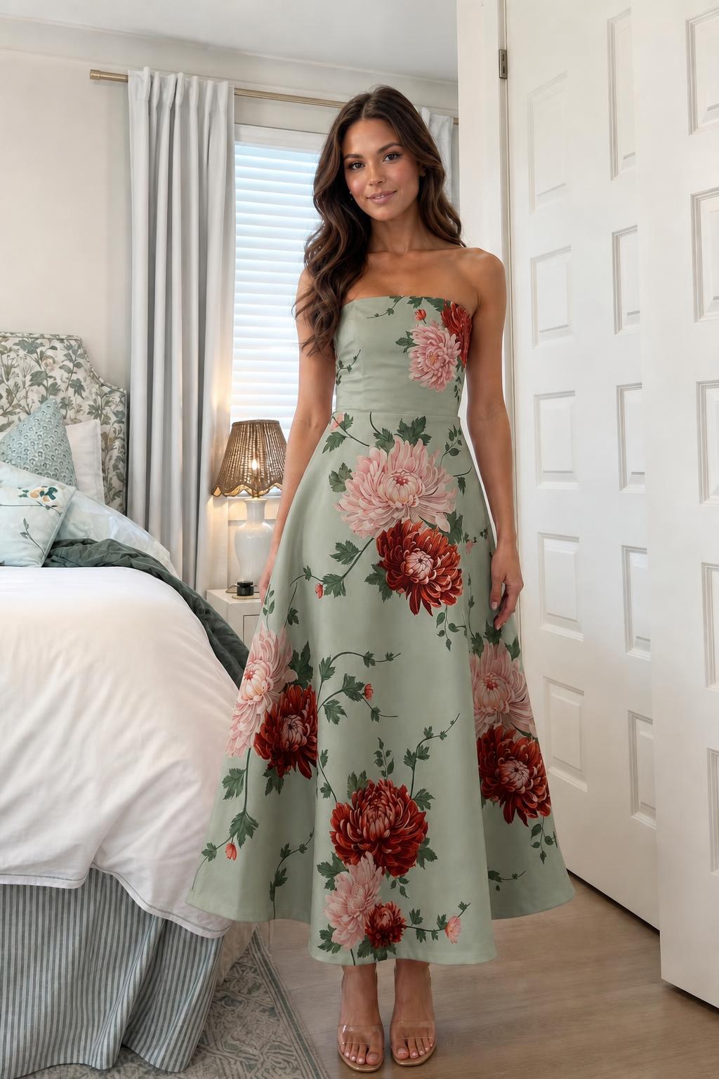 Woman wearing sage green floral strapless midi dress
