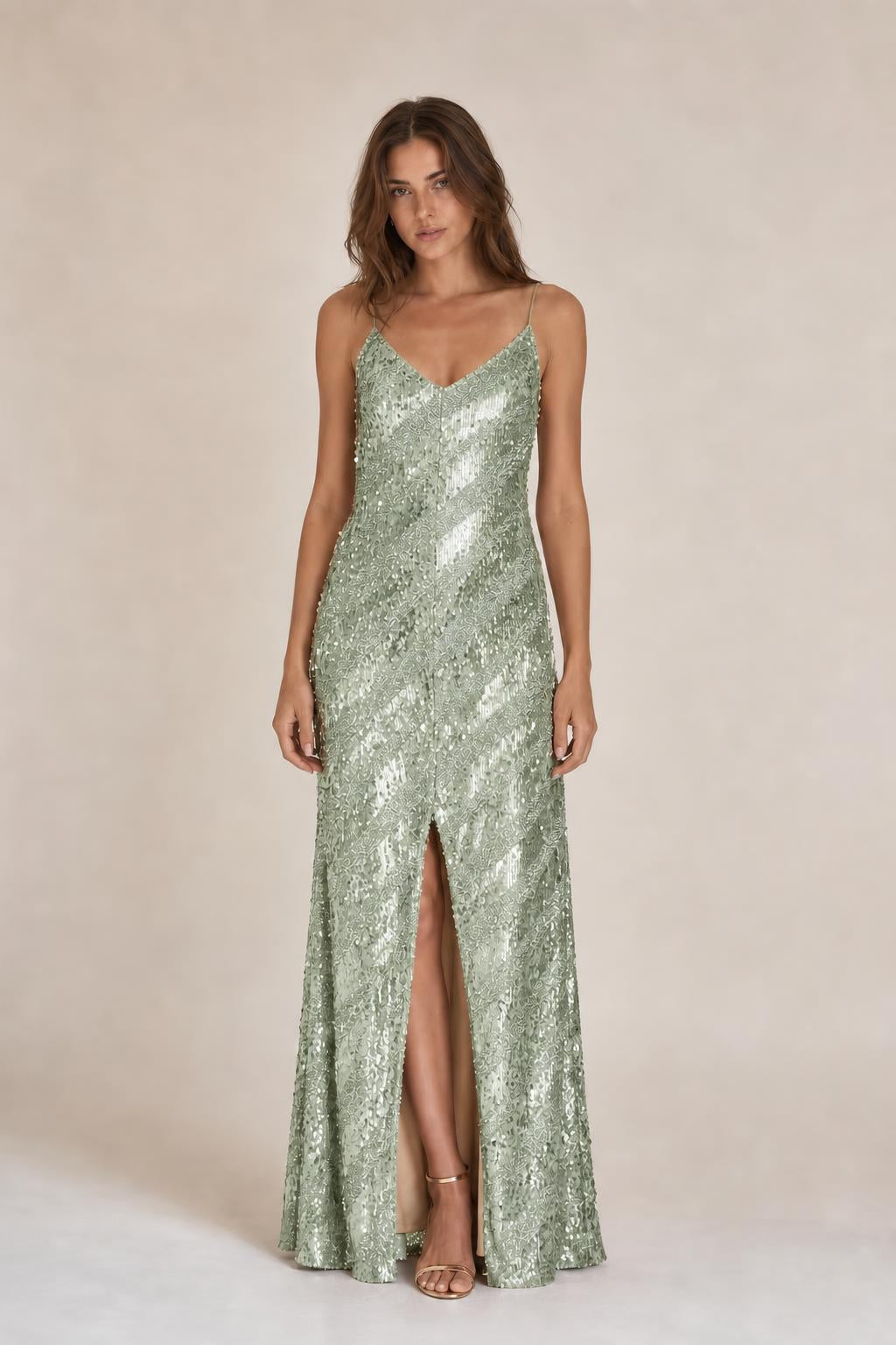 Model wearing Sage Green sequined maxi dress