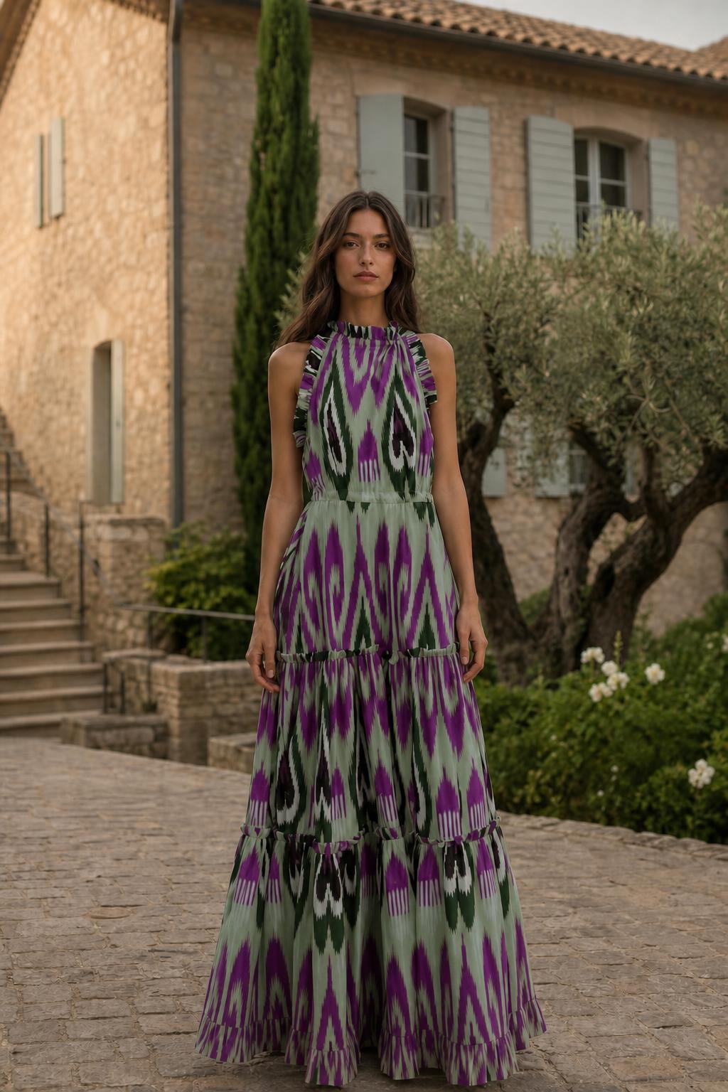 Model wearing sage multi ikat print maxi dress