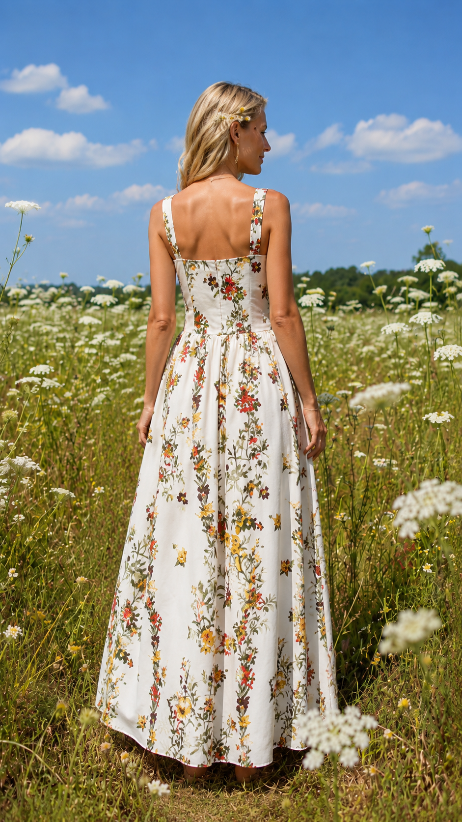 Back view of white floral square neck sleeveless maxi dress