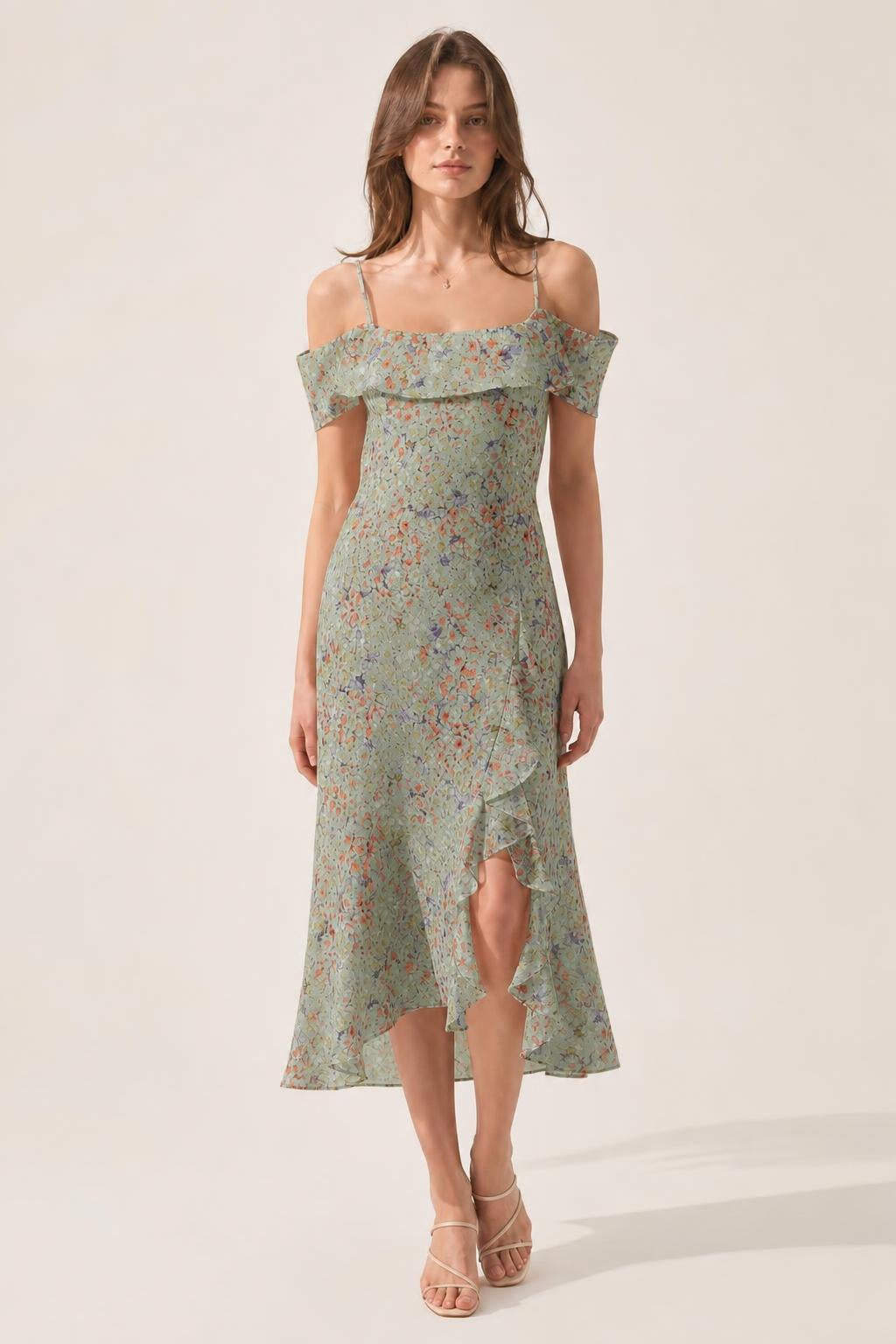 Front view of sage floral off-shoulder midi dress