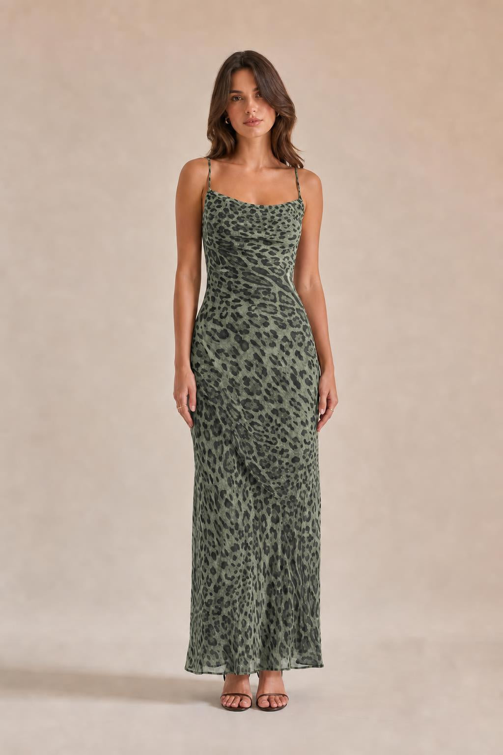 Front view of green leopard print maxi slip dress variant