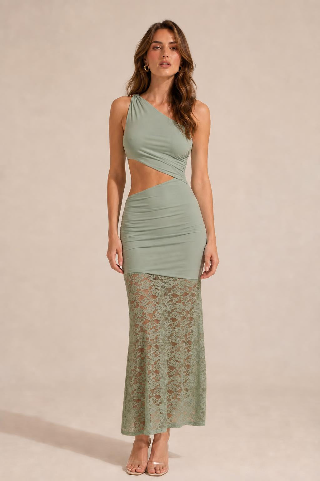 Front view of model wearing sage one-shoulder cutout lace maxi dress