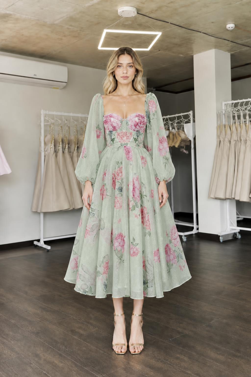 Front view of sage green floral midi dress