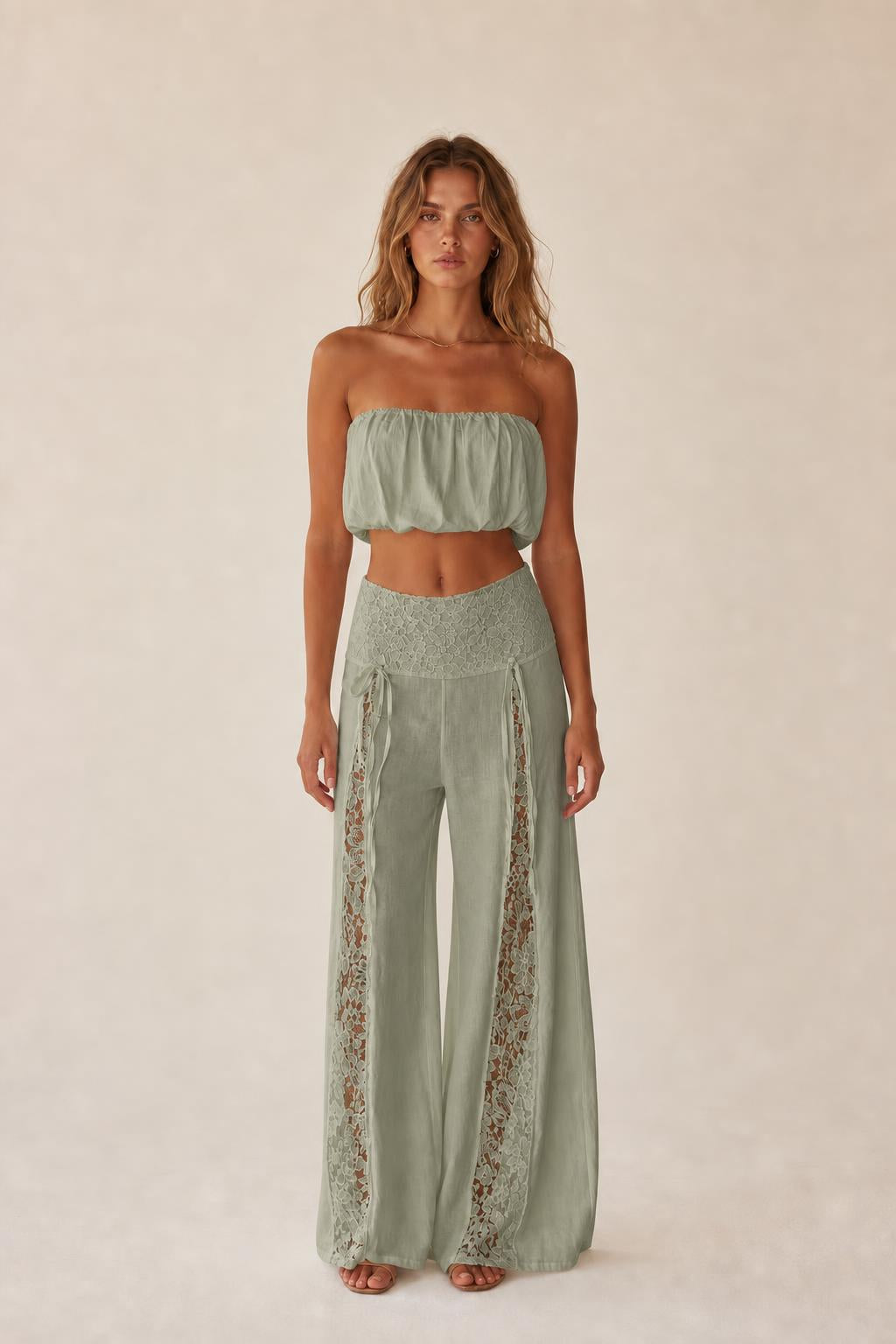 Front view of the sage color variant two-piece set