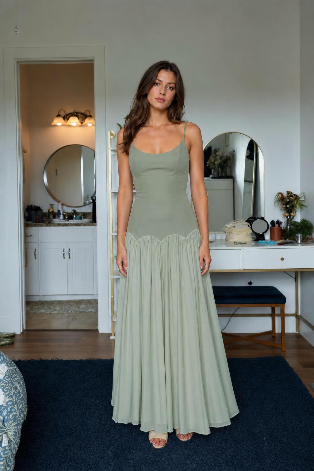Front view of sage green contrast maxi dress