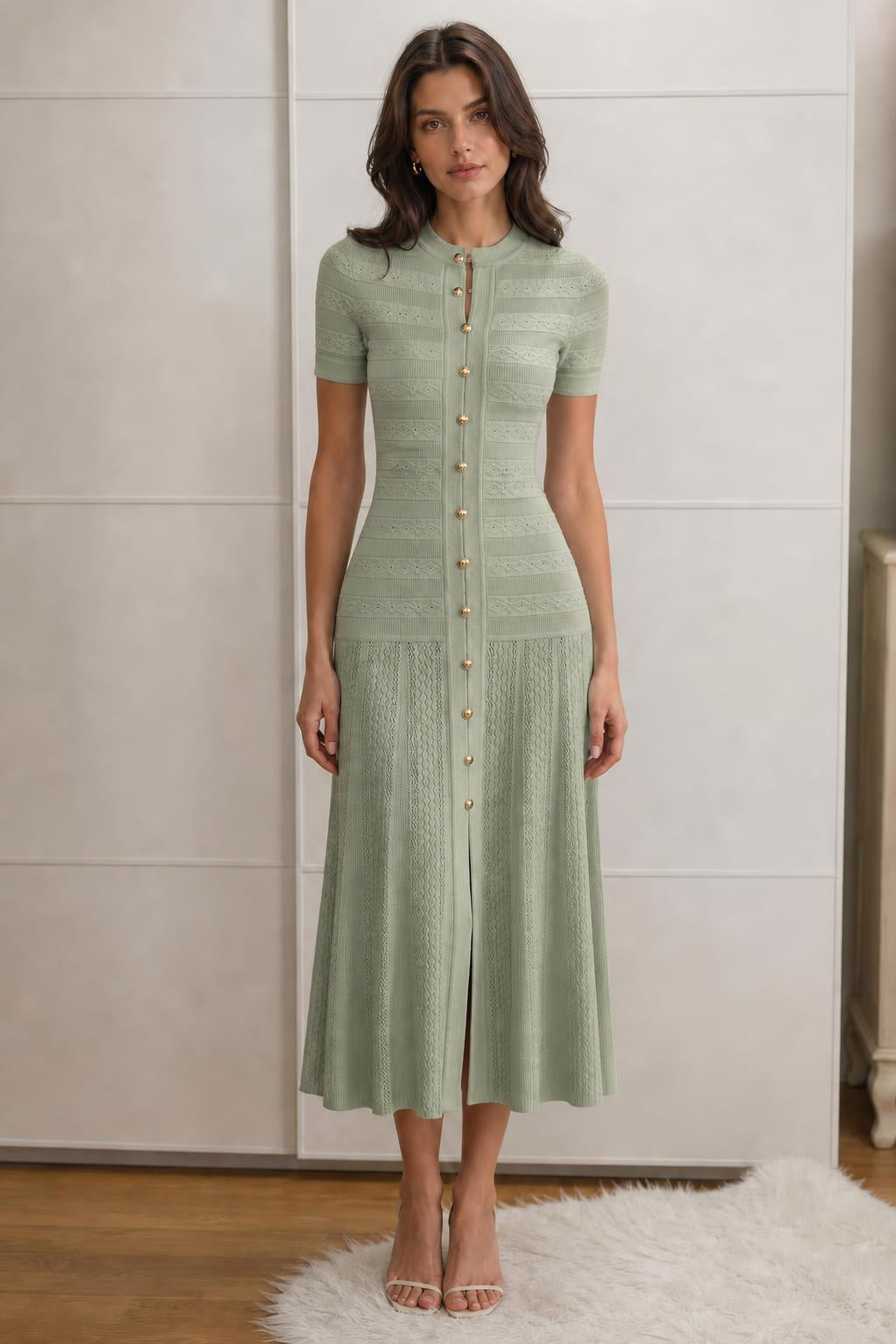 Front view of sage green knit midi dress on model