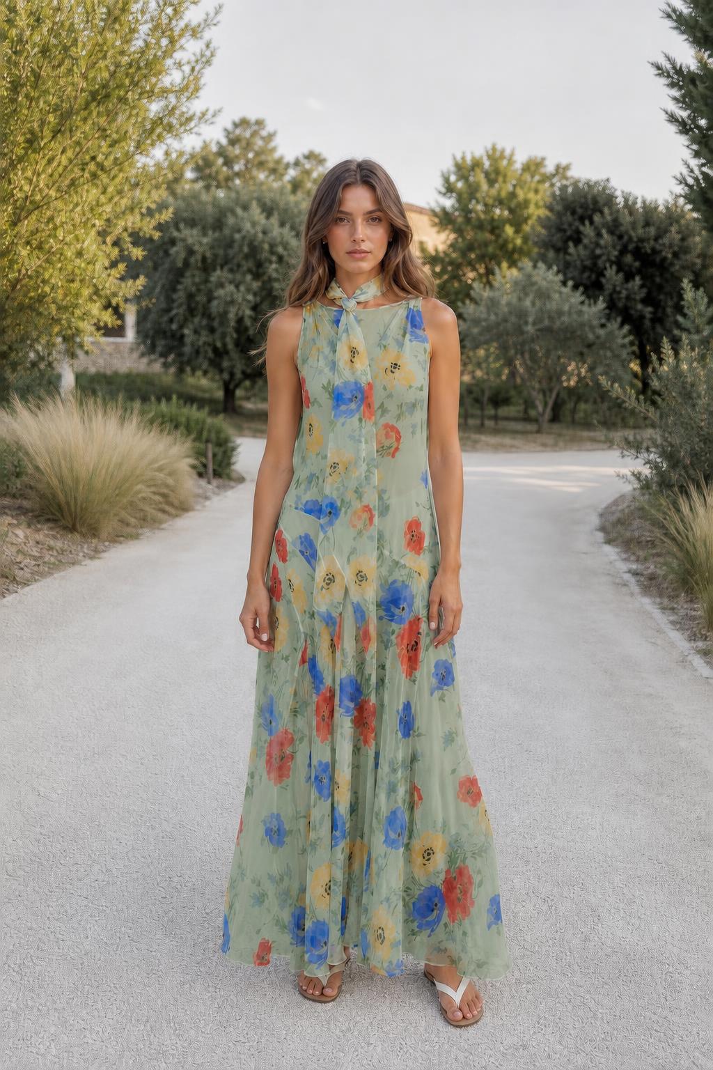 Model wearing sage floral halter maxi dress outdoors