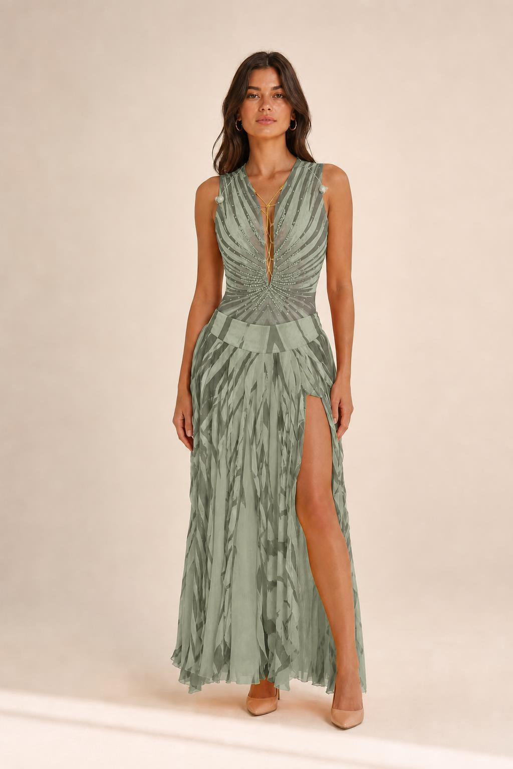 Front view of sage green beaded v-neck maxi dress