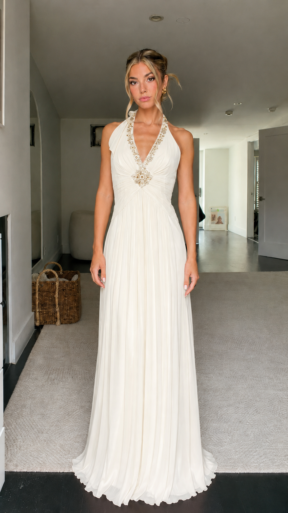 Front view of ivory beaded halter pleated maxi dress