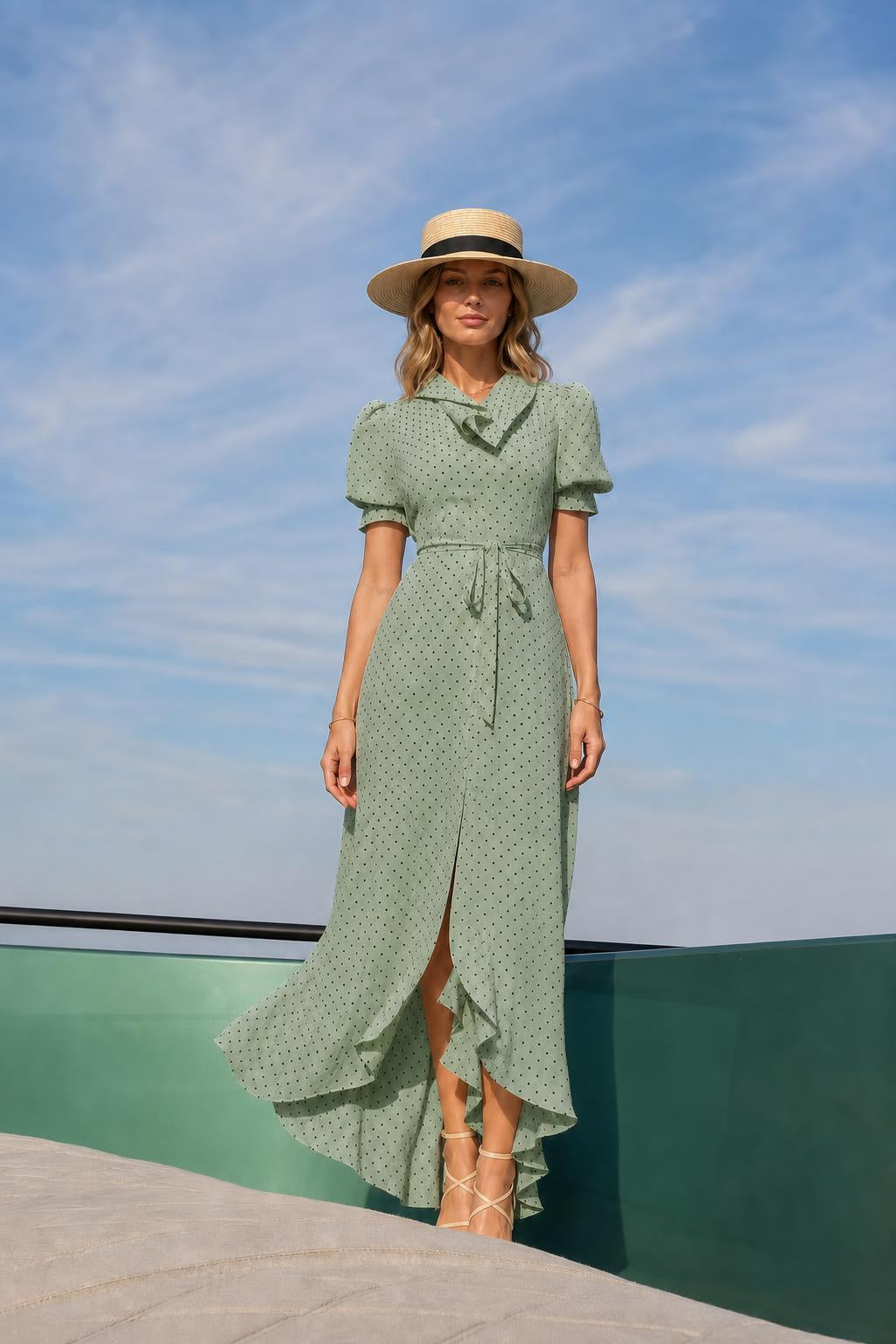 Woman wearing sage polka dot maxi dress