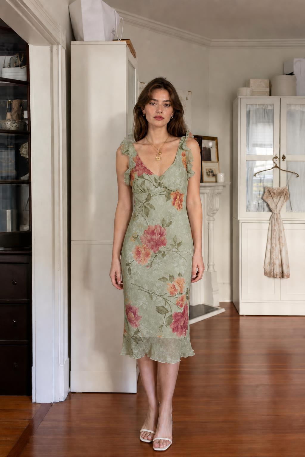 Front view of woman wearing green floral midi dress