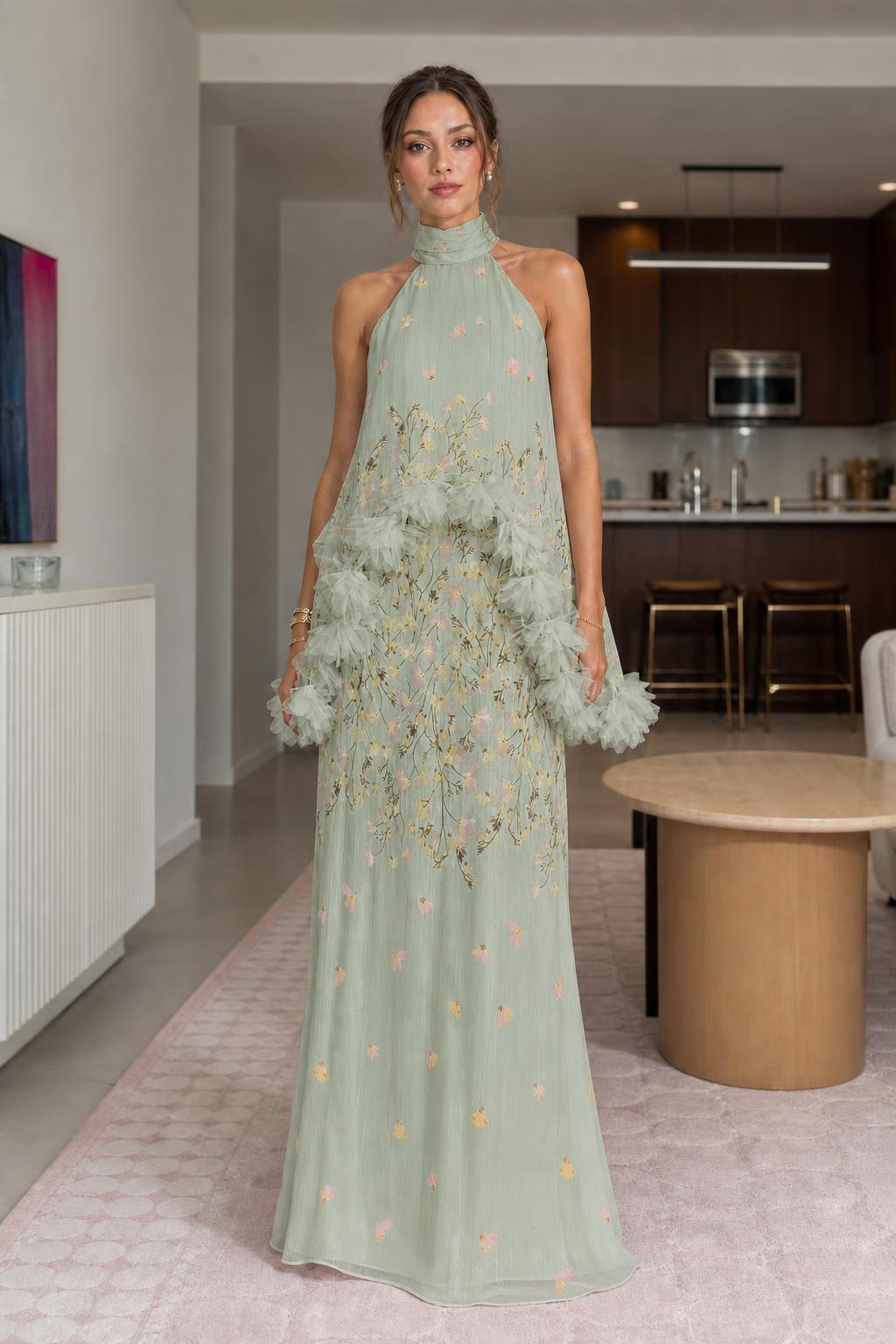 Front view of sage green floral halter maxi dress