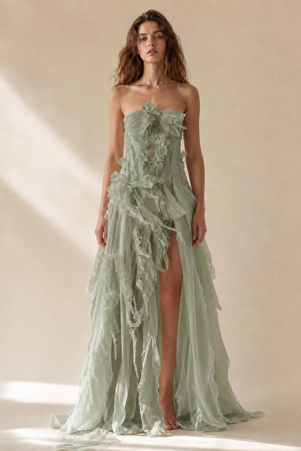 Sage green variant of the strapless ruffled tulle evening gown