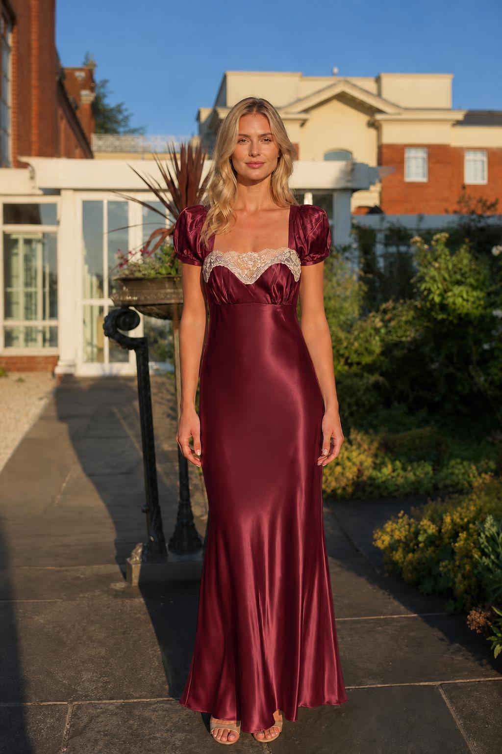 Front view of burgundy satin lace trim maxi dress on model