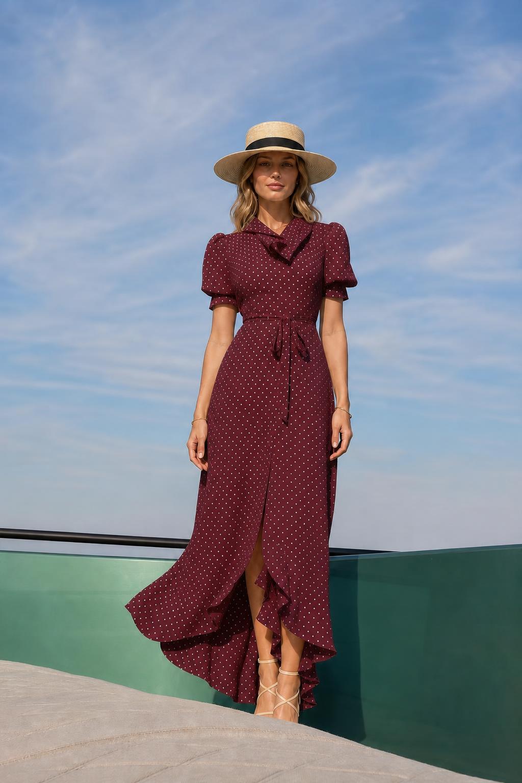 Woman wearing burgundy polka dot maxi dress