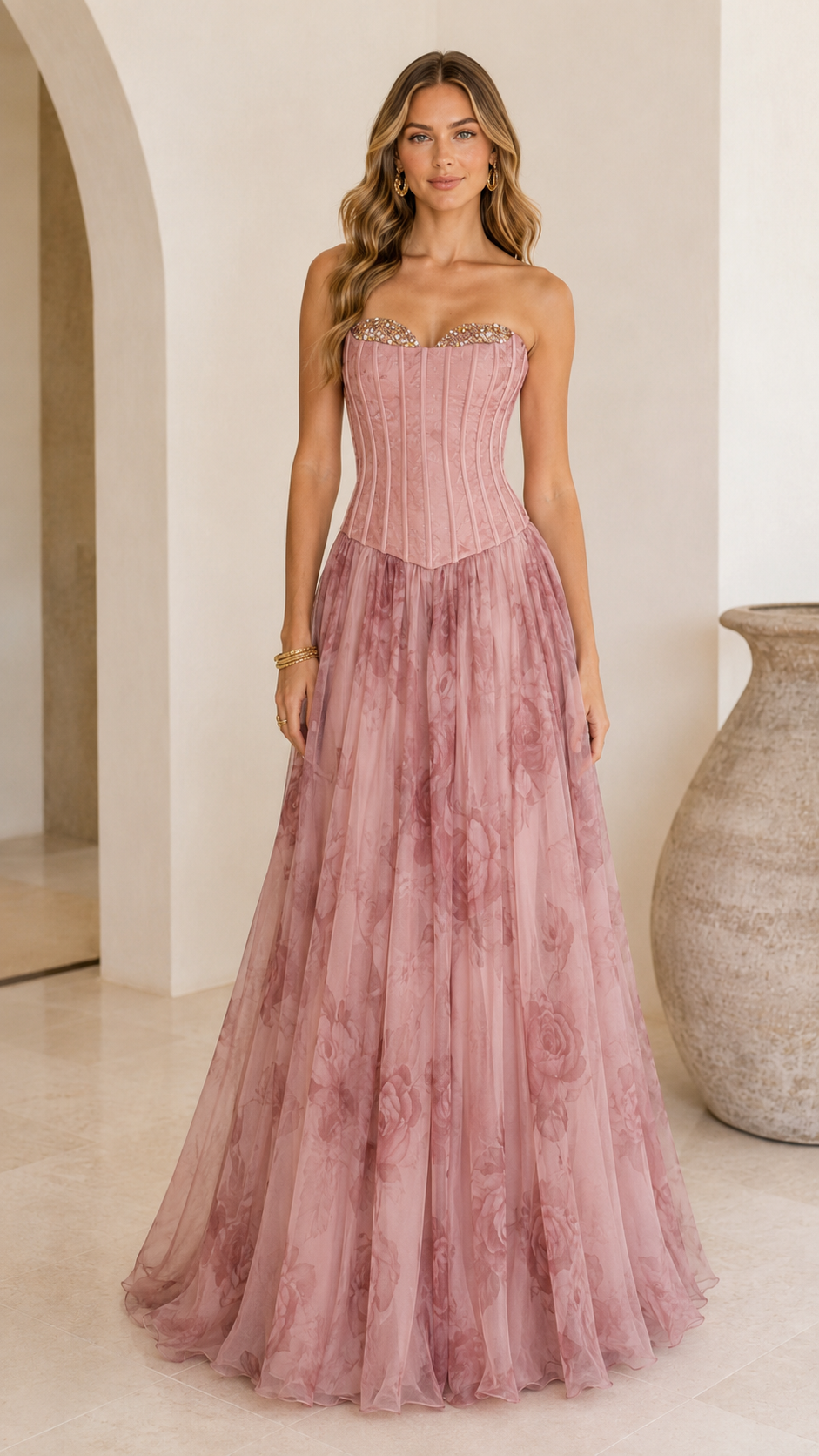 Dusty rose strapless corset floral maxi gown front view