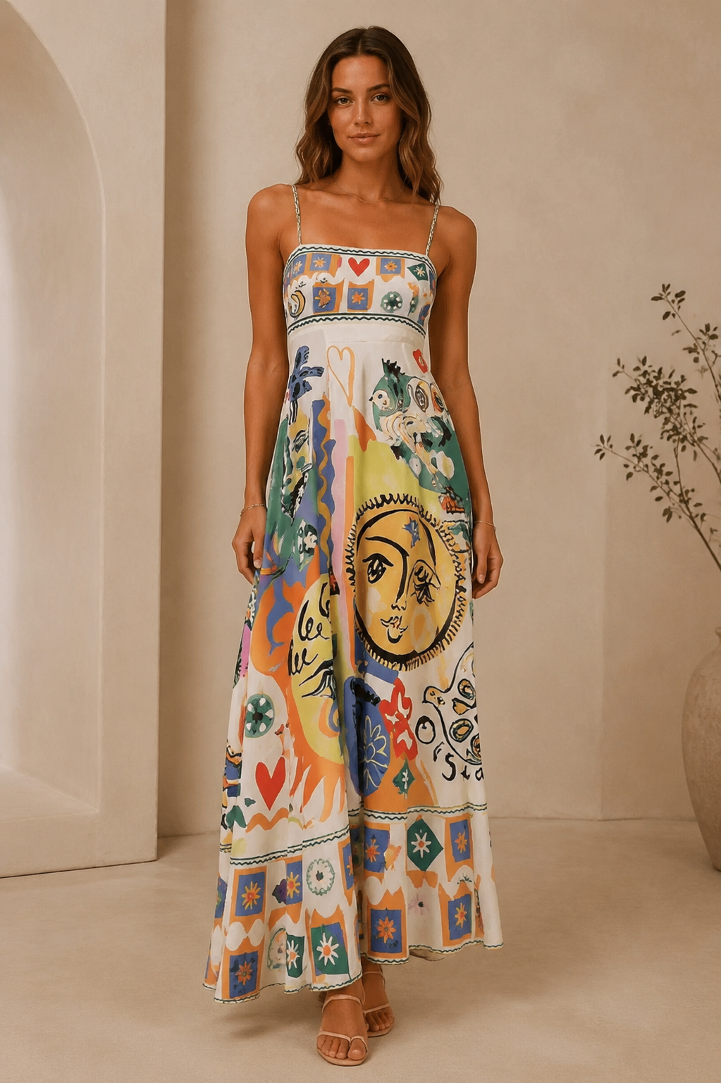 Front view of multicolor printed maxi dress with straight neckline