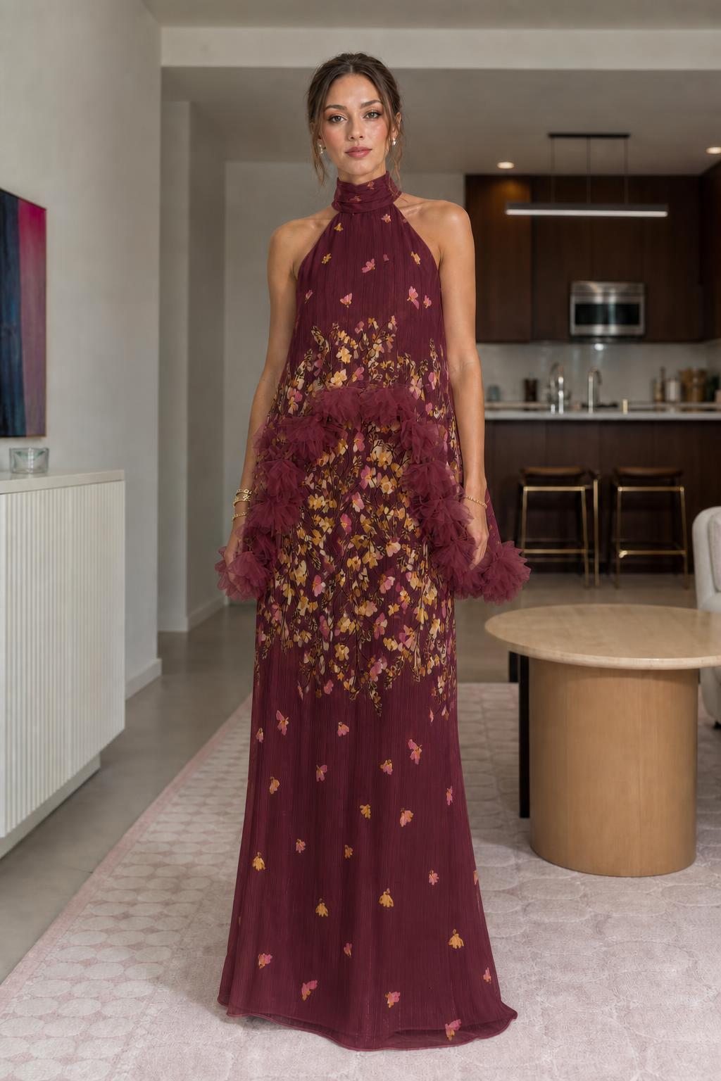 Front view of burgundy floral halter maxi dress